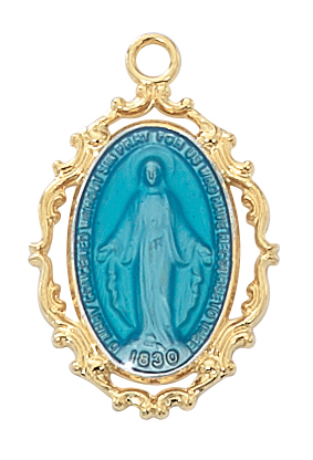 Gold over Sterling Miraculous medal with blue epoxy on 18 in. rhodium plated brass chain.