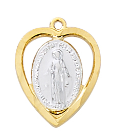 Gold over and Sterling Miraculous medal with 18 in. rhodium plated brass chain.