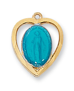 Blue Enameled Miraculous Medal Gold/SterlingHeart on 18" Chain